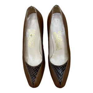 Salvatore Ferragamo Womens Lattice Snake Designer Brown Pump 3” Heels Size 5 B